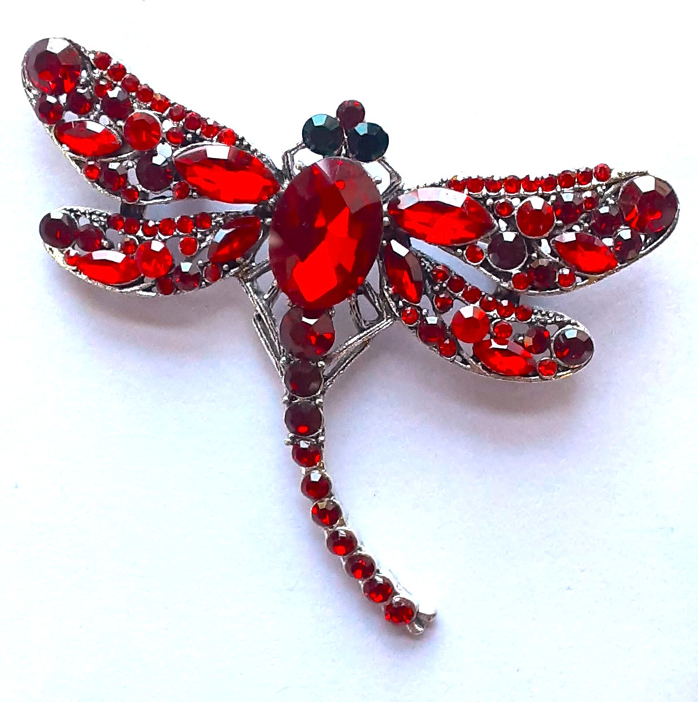 vintage RED DRAGONFLY faceted RHINESTONEs in GIFT BOX Silver Tone #BRO4