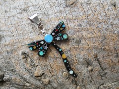 Dragonfly Moon Stars Night Sky Micro Inlay Gemstone Sterling Silver Pendant AI70