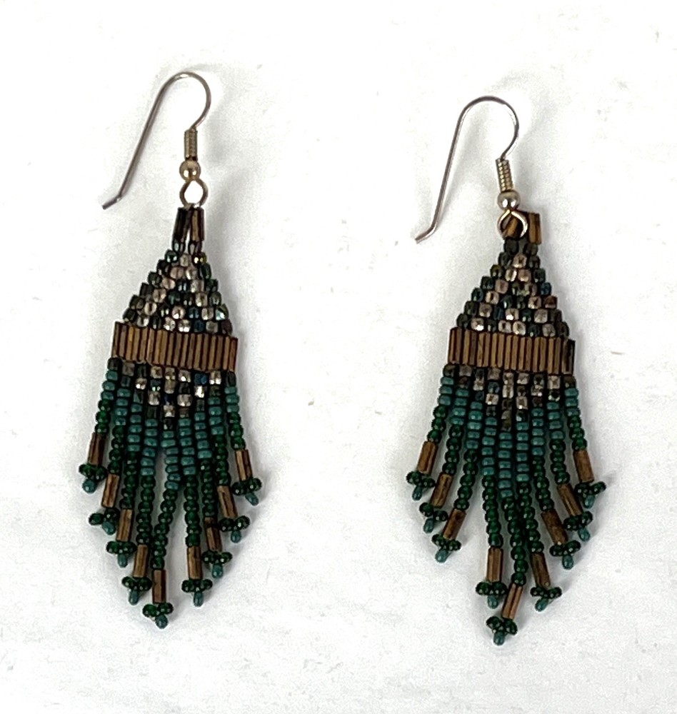 Green & Yellow Seed Beads w/ Gold Tone Tube Beads Hook Earrings 3” Drop Vintage