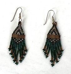 Green & Yellow Seed Beads w/ Gold Tone Tube Beads Hook Earrings 3” Drop Vintage