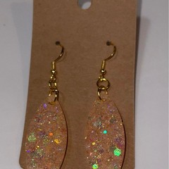 Handmade epoxy resin marquis shape dangle earrings-peach w/ holographic glitter