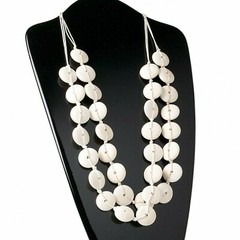 Bleached White Wood Disk Long 2-Strand Necklace with Cotton Cord