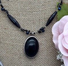 Artisan Black Bead & Pendant Collar Necklace 18″ Wire Chain Whimsigoth Witchy