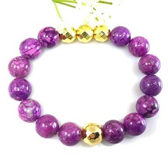 Purple sugilite beaded bracelet with gold ball pendant healing stretch gemstone