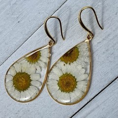 Min Favorit Pressed Daisy Flower In Epoxy Pendant & Gold Artisan Drop Earrings