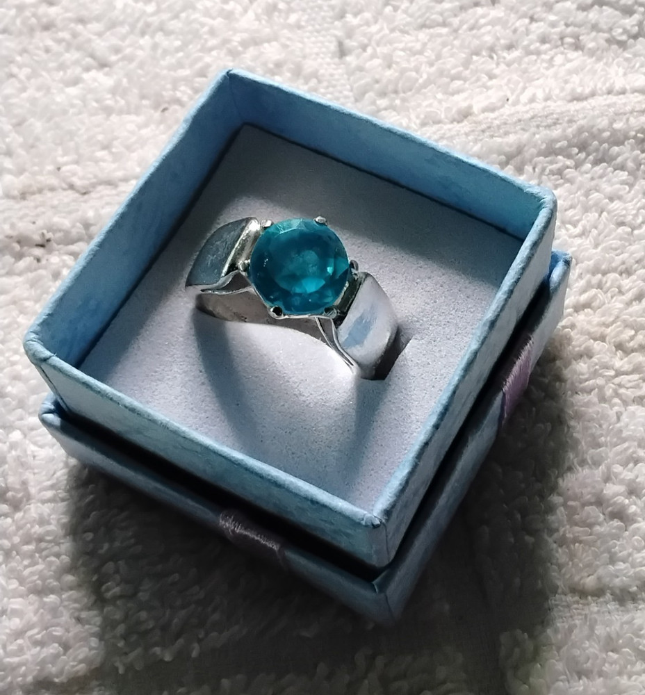 Swiss Blue Quartz Cocktail Ring. Set In Rhodium Plated Mount. Size 6.25