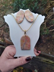 Handcrafted Earring Necklace Set Polymer Clay Gold Chain Pink Yellow Beige