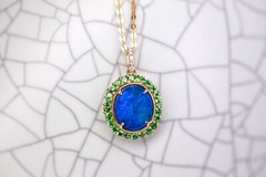 N1 Australian Black Opal Halo Tsavorite Diamond Pendant ONLY 18k Yellow Gold