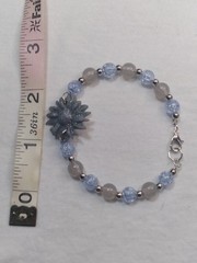 Handcrafted Silver Memory Wire Blue Gray Beaded Bracelet Polymer Clay Pendant