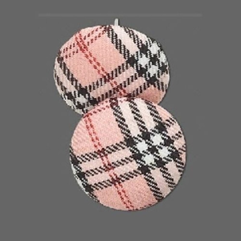 Pink Black and White Tartan Plaid Retro Mod Fabric Button Earrings