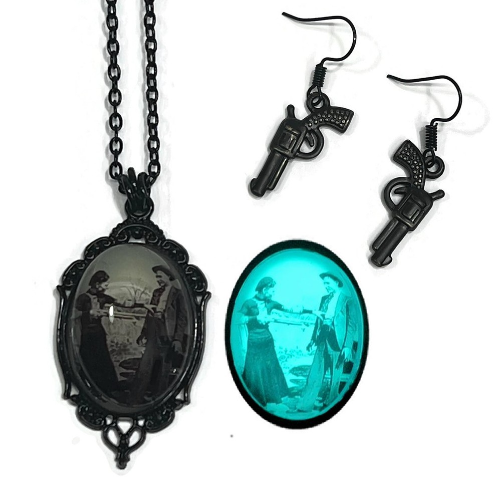 Bonnie and Clyde Aqua Blue Glow in the Dark Pendant Necklace & Earrings