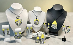 Handmade Yellow Black & White Graphic Print Polymer Clay LG Dangle Earrings SS