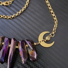 Purple & gold quartz crystal necklace with crescent moons & star-engraved beads