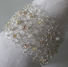 Champagne Color Wire Statement Bracelet 2″ Wide Iridescent Glass Beads W070