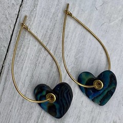 Min Favorit Abalone Shell Heart & Gold Pl Artisan Teardrop Hoop Earrings