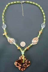 Lampwork glass necklace amber pendant peridot crystal copper swirls 22in nek009