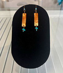 Handcrafted Copper Rectangle Dangle Hook Earrings w/ Blue Turquoise Beads