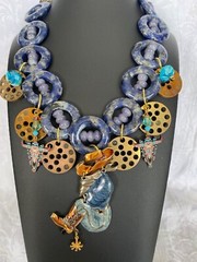 Necklace artisan ooak vintage Sodalite Western gemstone enamel steer turquoise