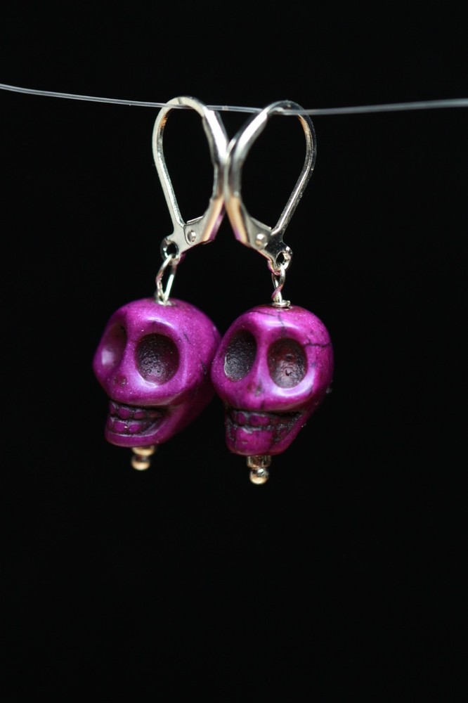 Purple Skull Lever back Earrings 1 1/4″ Halloween Costume Brass Hypoallergenic