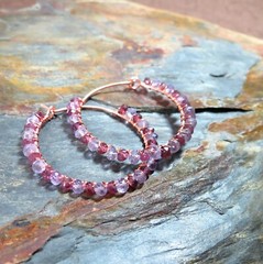Pink Amethyst Rhodolite Garnet Purple Gemstone Wire Wrap Hoop Earrings Copper