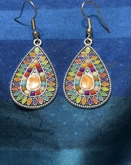 Multicolor Teardrop Dangle Earrings Silver Tone & Orange Artsy Boho Whimsical