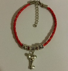 Retro Fashion Red Leather Bracelet Cartoon Mouse Key Charm Silver Jewelry