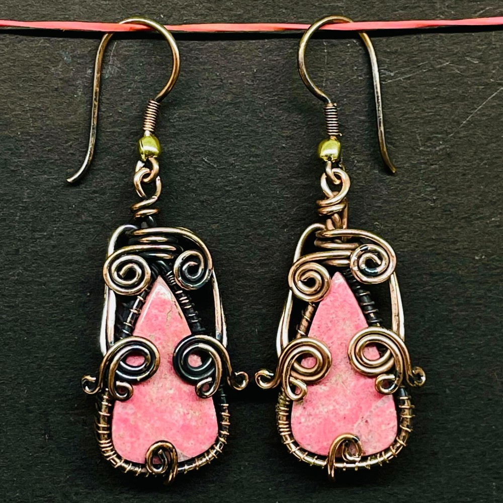 Natural Rhodonite Gemstone Copper Wire Wrapped Handcrafted Earrings 41x19mm