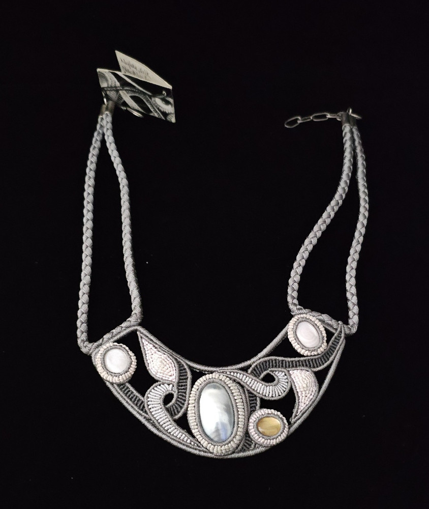 Handmade Silk Necklace w/ White Pearl & Shell Adjustable