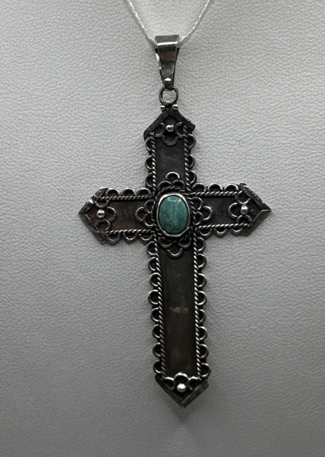 950 Sterling Silver Oxidized & Turquoise Cross Pendant (4.7g)