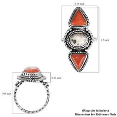 Artisan Crafted White Buffalo and Mediterranean Coral Ring in Sterling Sz 6