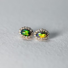 Halo Diamond Black Opal Stud Earrings 14K Yellow Gold