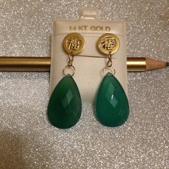 14k Gold Earrings Green Agate Pear Shaped Focal Briolette Gemstone Boho 1.5″ L