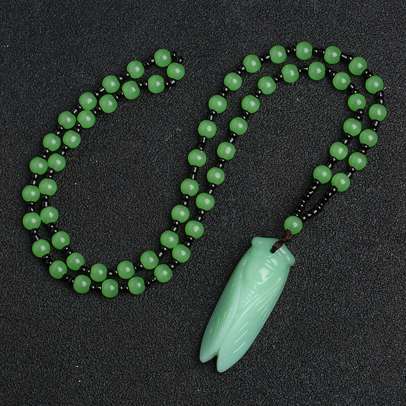 Natural Handmade Carved Light Green Jade Cicada Necklace Pendant for Women’s Gif
