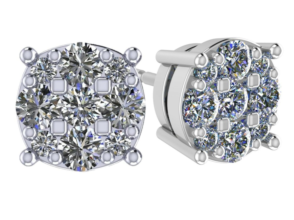 9 Stone Diamond Cluster Stud Earrings in 14K Gold 1.00ct-4.00ct, Lab Created