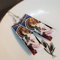 Art Nouveau Alfonse Mucha Painting Lucite Acrylic Rectangle Pendant Earrings