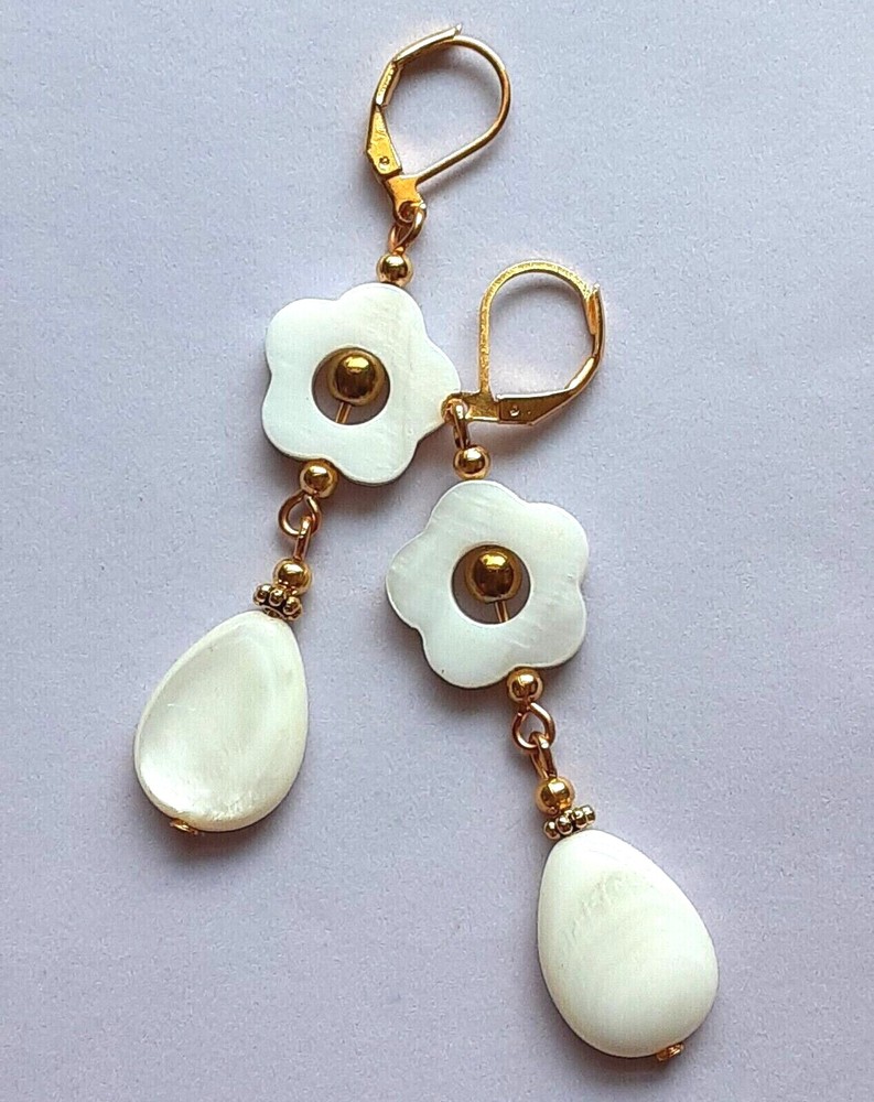 CARVED SHELL Gold Hematite dangle earring GP artisan leverback XX