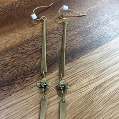 Art Nouveau Dogwood Flowers Long Dangling Brass Earrings With Hooks From Estate