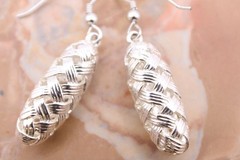Fine Silver Earrings Woven Basketweave Dangle Ethnic Tribal Oval Drop Artisan