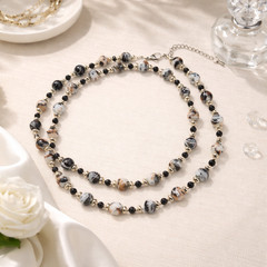 Black Spinel Necklace Porcelain Beads Handmade Stainless Steel Adjustable Women