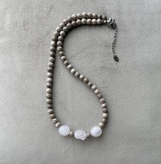 COWRY SHELL FOSSIL BEADS & Rose Quartz NUGGETS Unisex Necklace 18”