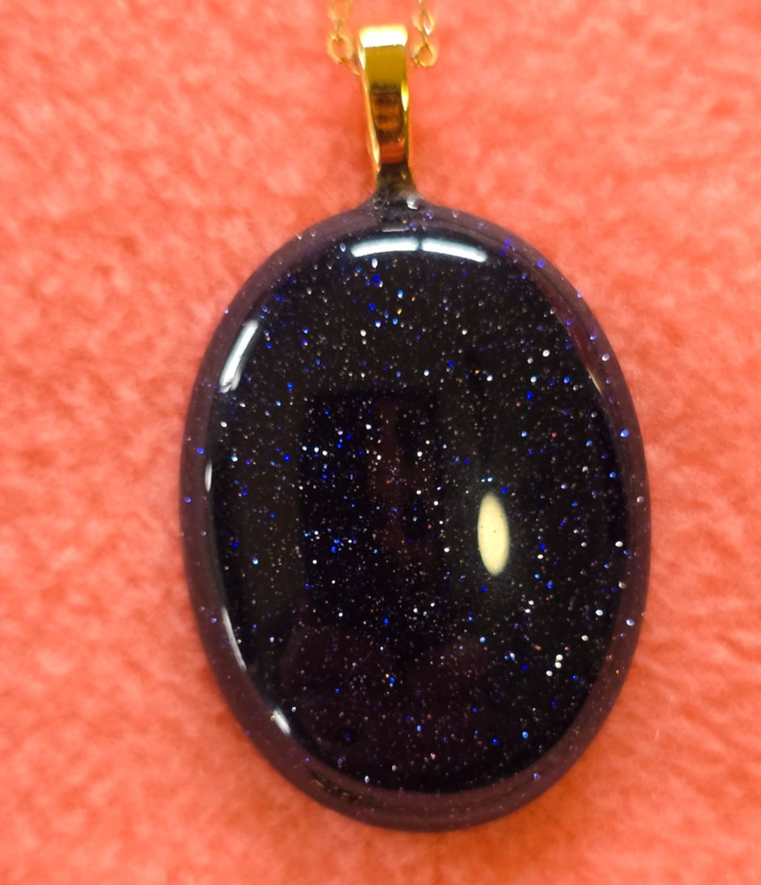 Large Dark Blue Goldstone Pendant with Goldtone 18″ Chain, 2″ extender