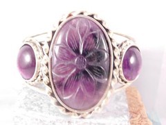 Handmade Carved Floral Amethyst Three-stone 8″ Cuff Bracelet Sterling Silver