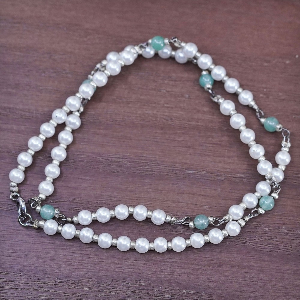 16”, Sterling silver 925 handmade necklace with 4mm freshwater pearl and jade