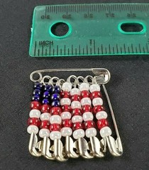 Safety Pin Flag American U.S. Patriotic Beaded Brooch Silver Tone Red White Blue