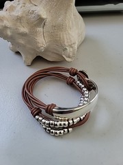 Silver plated beaded Wrap Cuff Bracelet Uno De 50 Style Light Tan minimalist