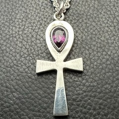 MJG STERLING SILVER ANKH PENDANT. + 20” CHAIN. LAB AMETHYST. EGYPTIAN. 9.8 GR.