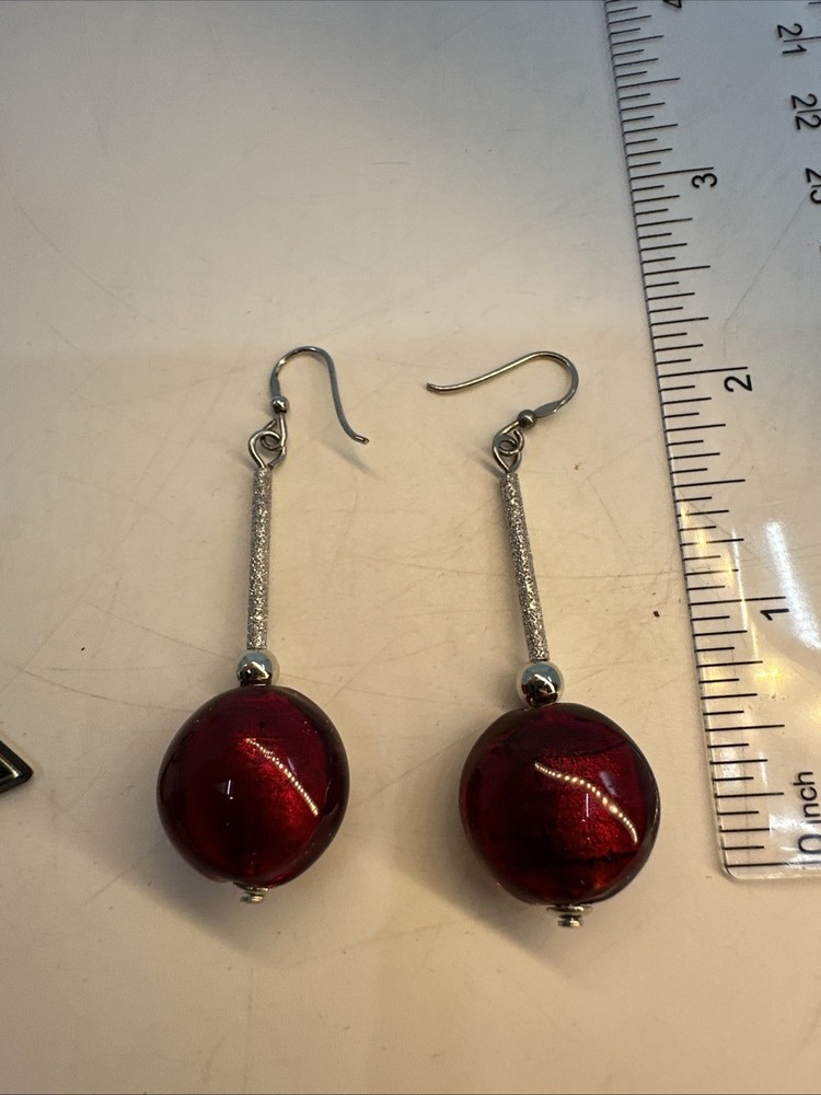 Murano Glass Dangle Earrings Maroon Round Bead Drop Italy (Z7)