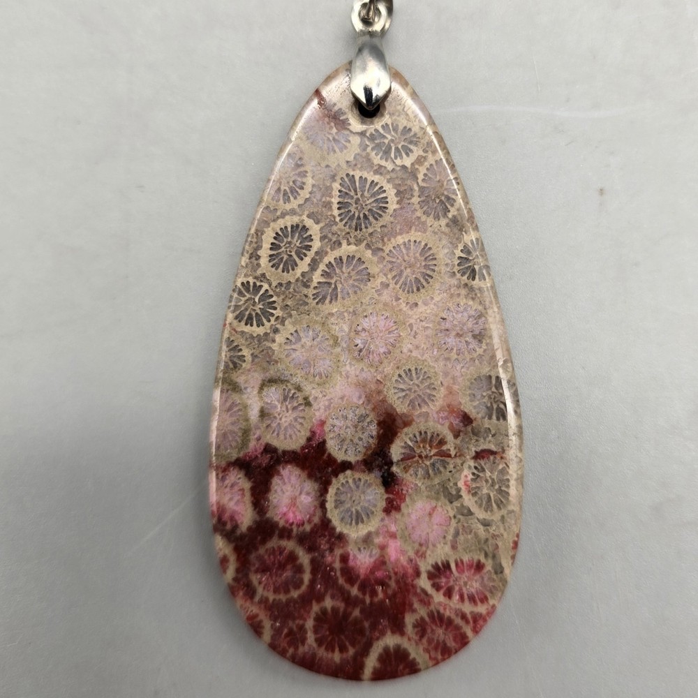 Fossil Coral Big Double Sided Tear Drop Pendant 2.35″ or 59.6 mm, 18KGP Bail
