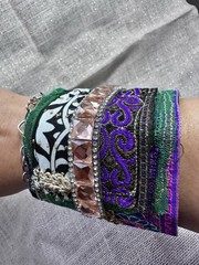 Wide Cuff Bracelet Boho Multicolor Fabric Baroque Embellished Handmade OOAK 6-7