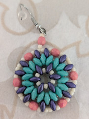 Beaded Circle Dangle Earrings and Pendant Blue Purple Pink White Handcrafted